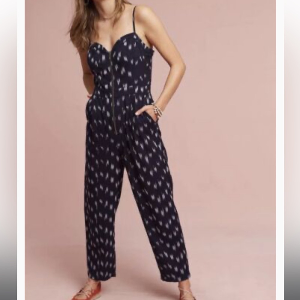 Anthropologie Navy Printed Spaghetti-Strap Jumpsuit